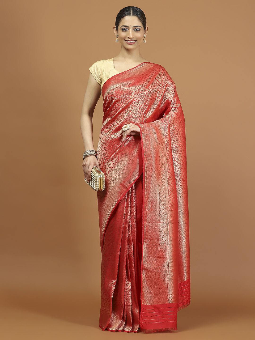 

Meena Bazaar Woven Design Zari Saree, Coral