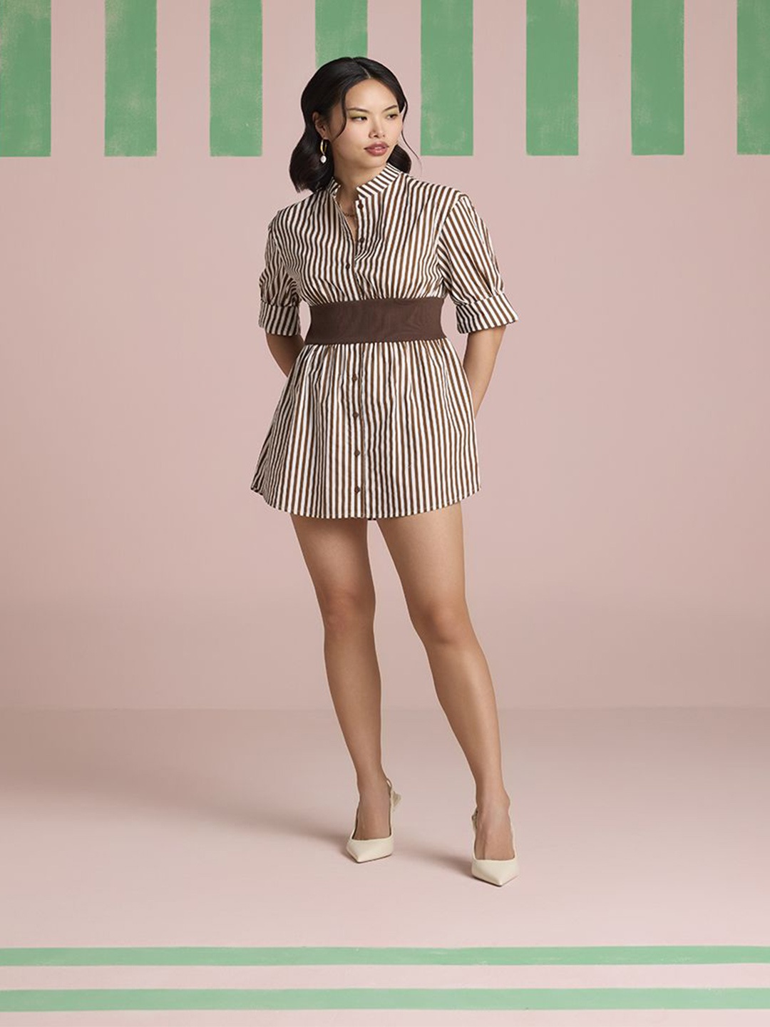 

Muvazo Women Cotton Shirt Mini Dress, Brown