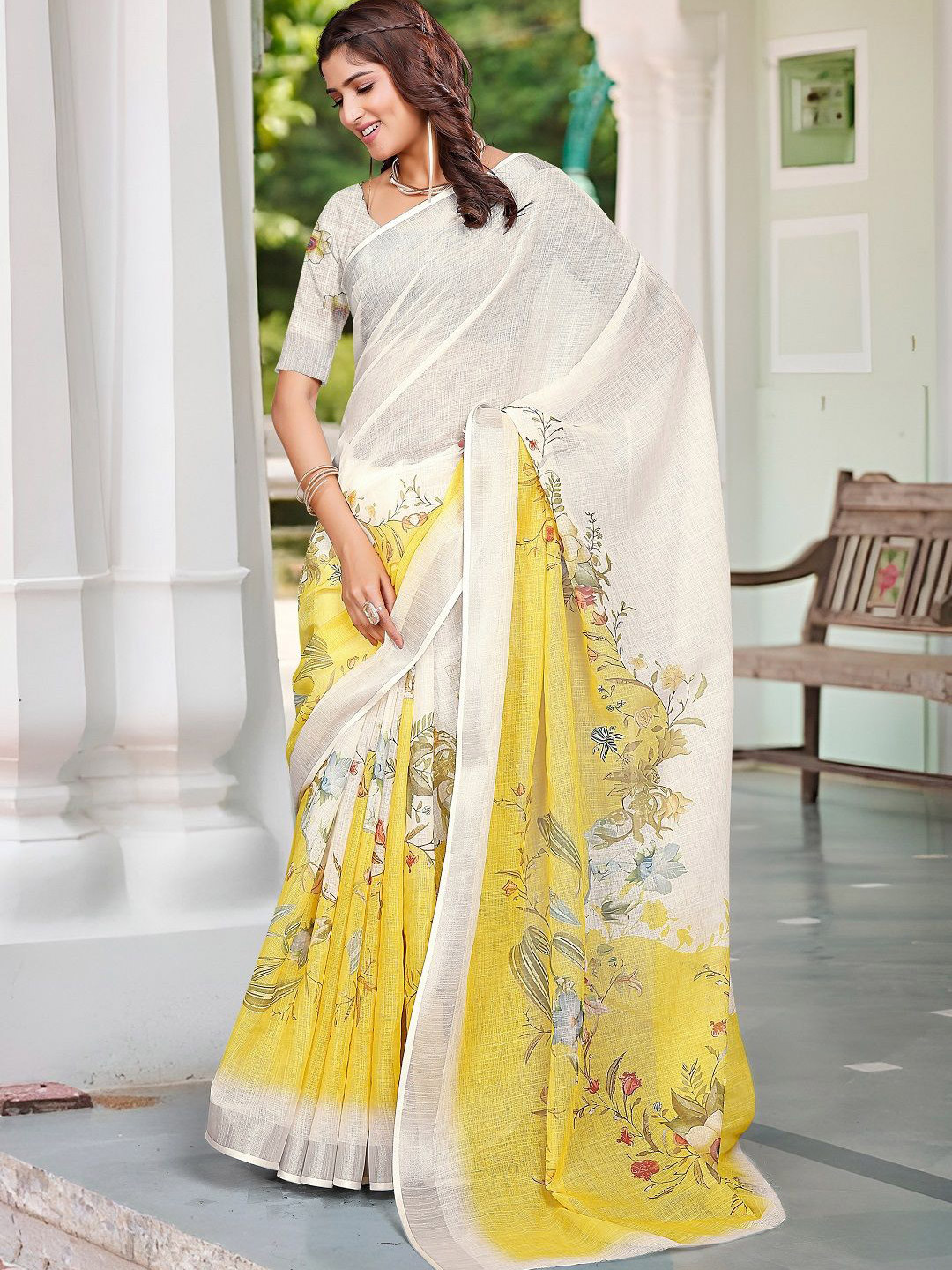 

Mitera Floral Printed Pure Cotton Saree, White