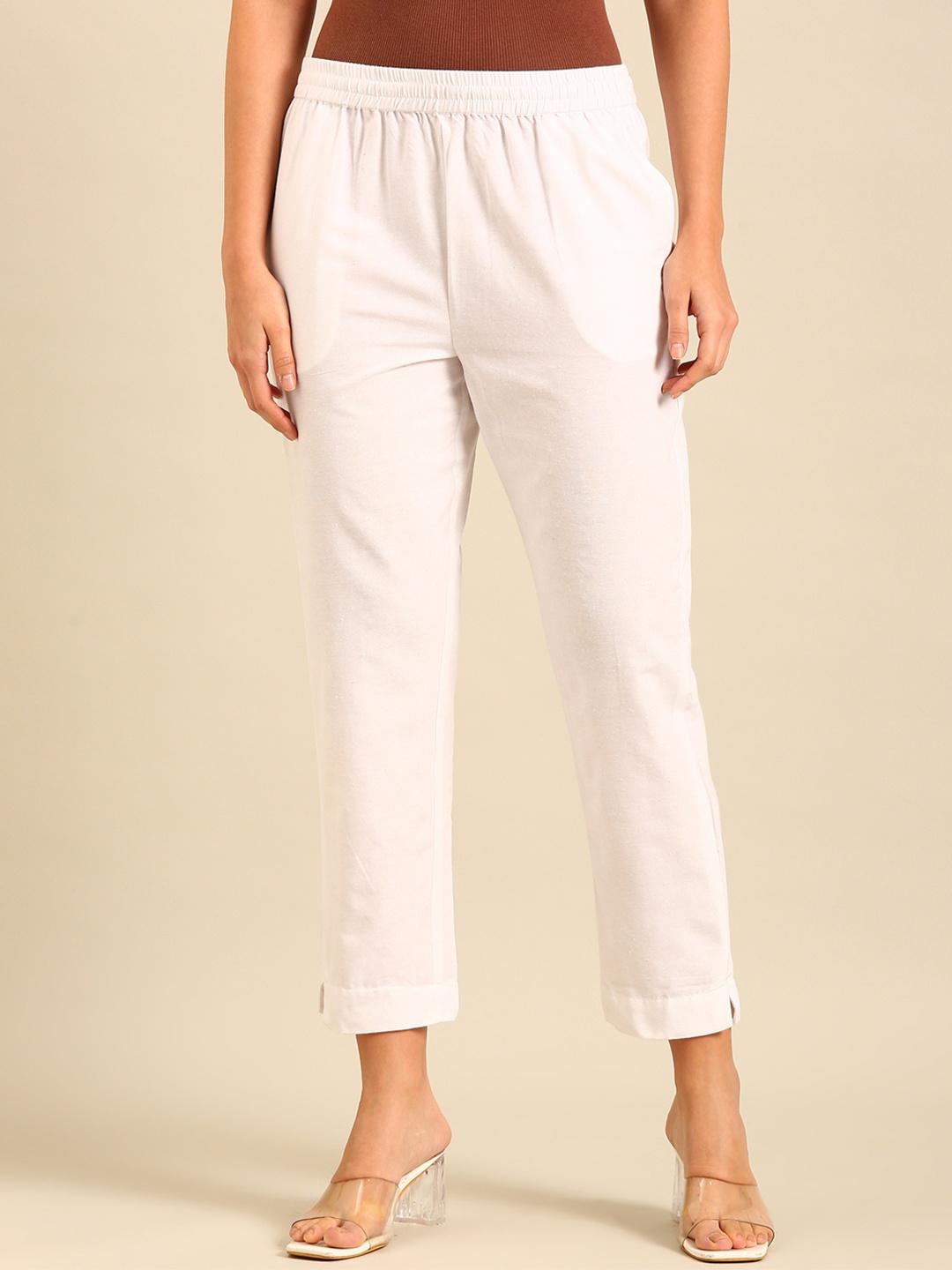 

De Moza Women Mid-Rise Cotton Cropped Cigarette Trousers, White