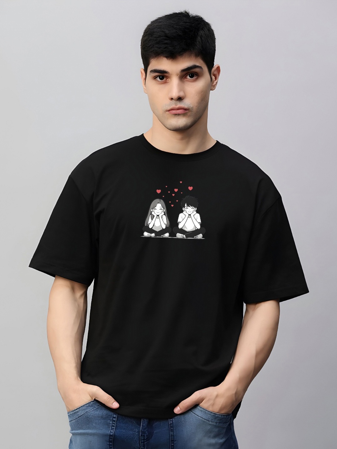 

THE BEETEL HOUSE Men Graphic Printed Round Neck Cotton Oversized T-shirt, Black