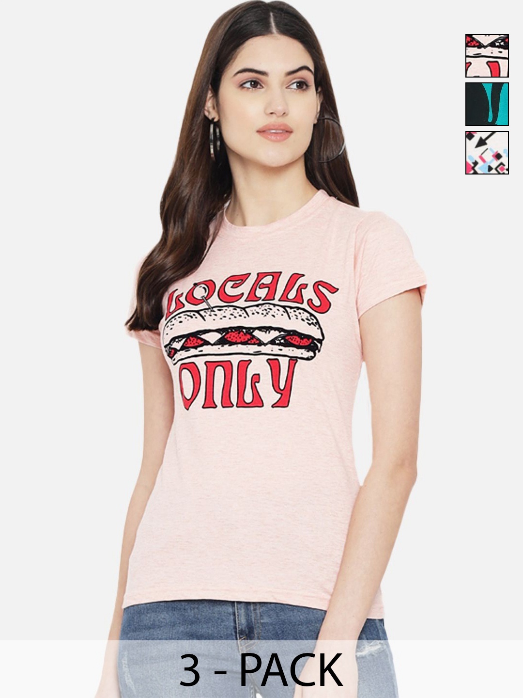 

Dreambe Pack Of 3 Typography Printed Round Neck Short Sleeves Cotton T-shirts, Pink