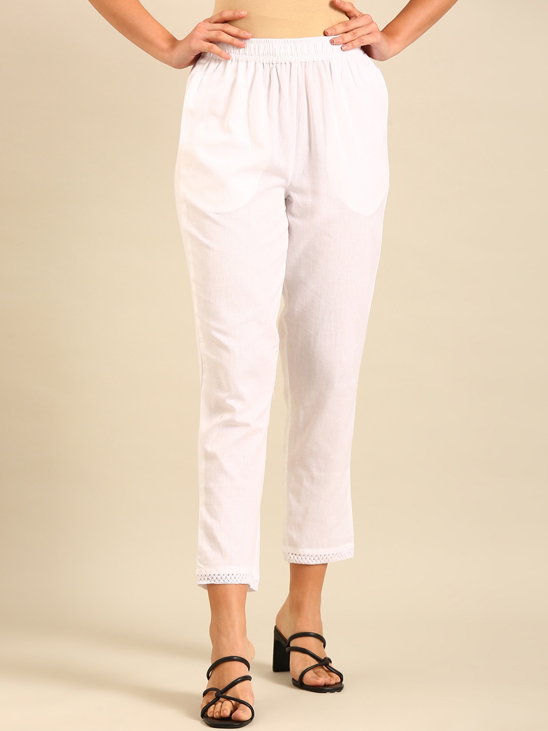 

De Moza Women Mid-Rise Cotton Cropped Cigarette Trousers, White