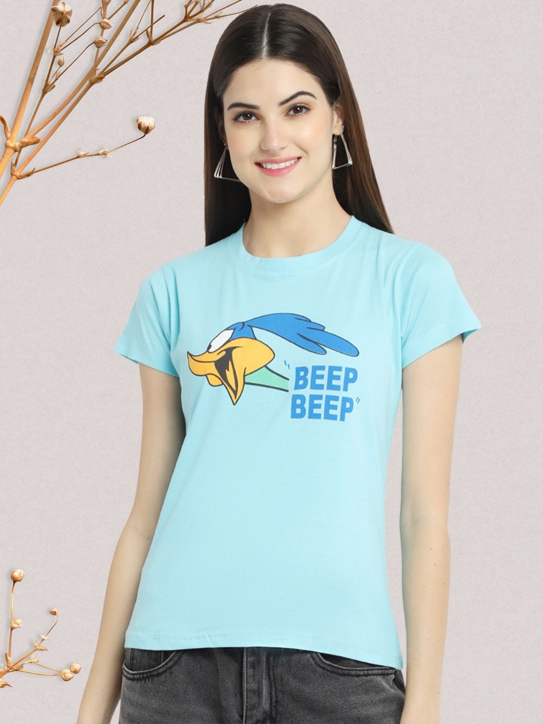 

Dreambe Women Typography Printed Round Neck Short Sleeve Pure Cotton Casual T-Shirt, Blue