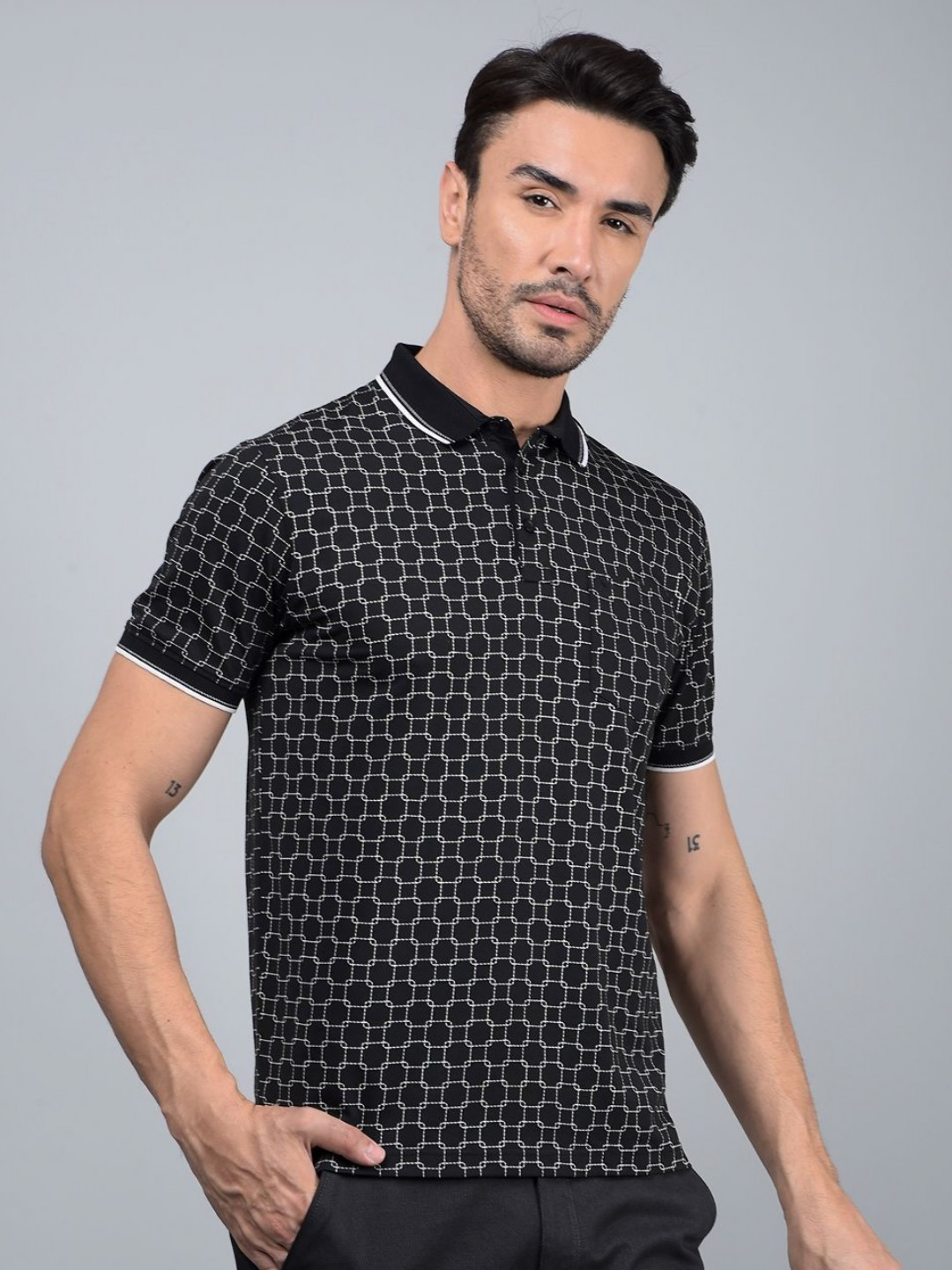 

Crimsoune Club Men Geometric Printed Polo Collar Cotton T-shirt, Black