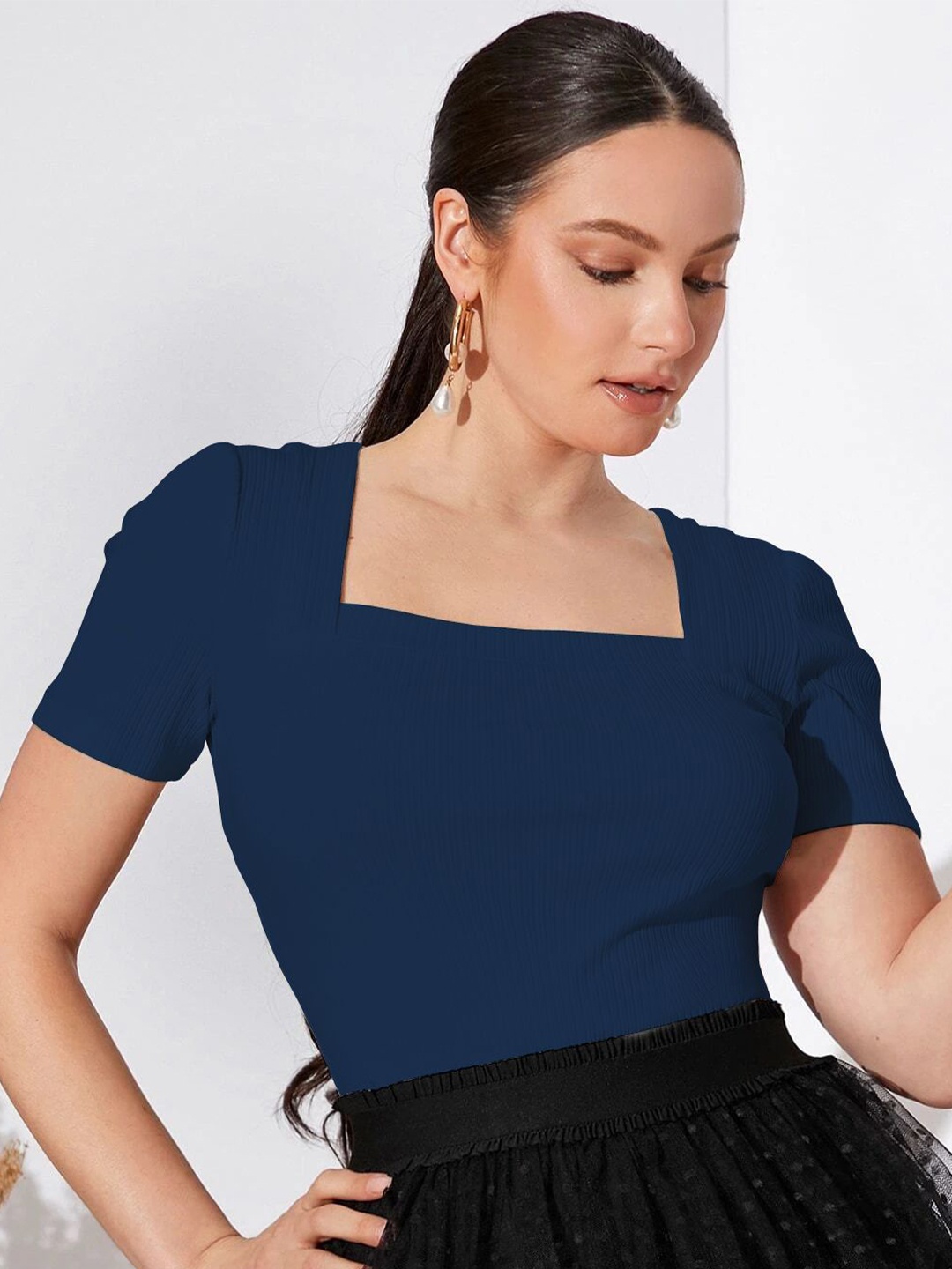 

Sugathari Women Ribbed Sheen Fitted Top, Navy blue