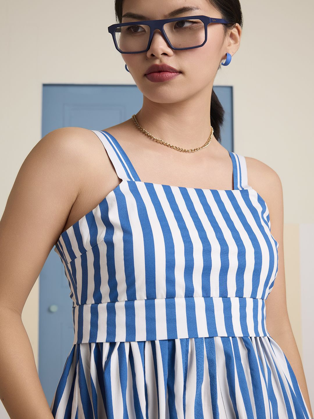 

Muvazo Women Striped Cotton Fit and Flare Midi Dress, Blue