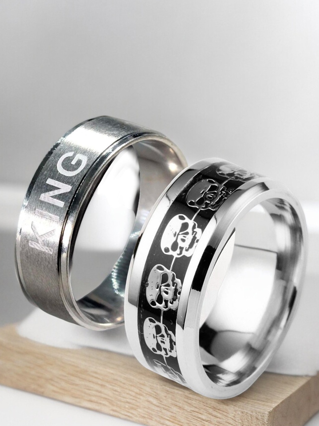 

The Roadster Lifestyle Co. Set Of 2 Stainless Steel Punk Skull & KING Fashion Ring Band, Silver