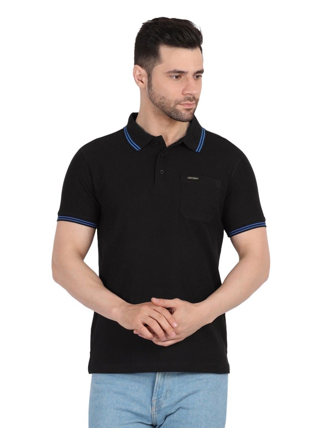 

EAZY Men Solid Polo Collar Cotton T-shirt, Black
