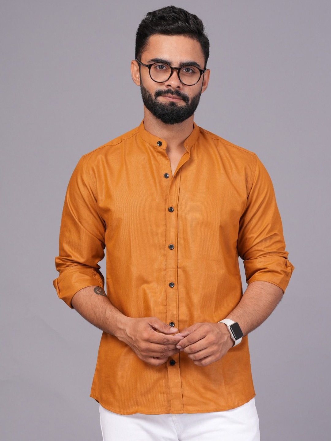 

UNIBLISS Men India Slim Fit Band Collar Solid Cotton Casual Shirt, Orange