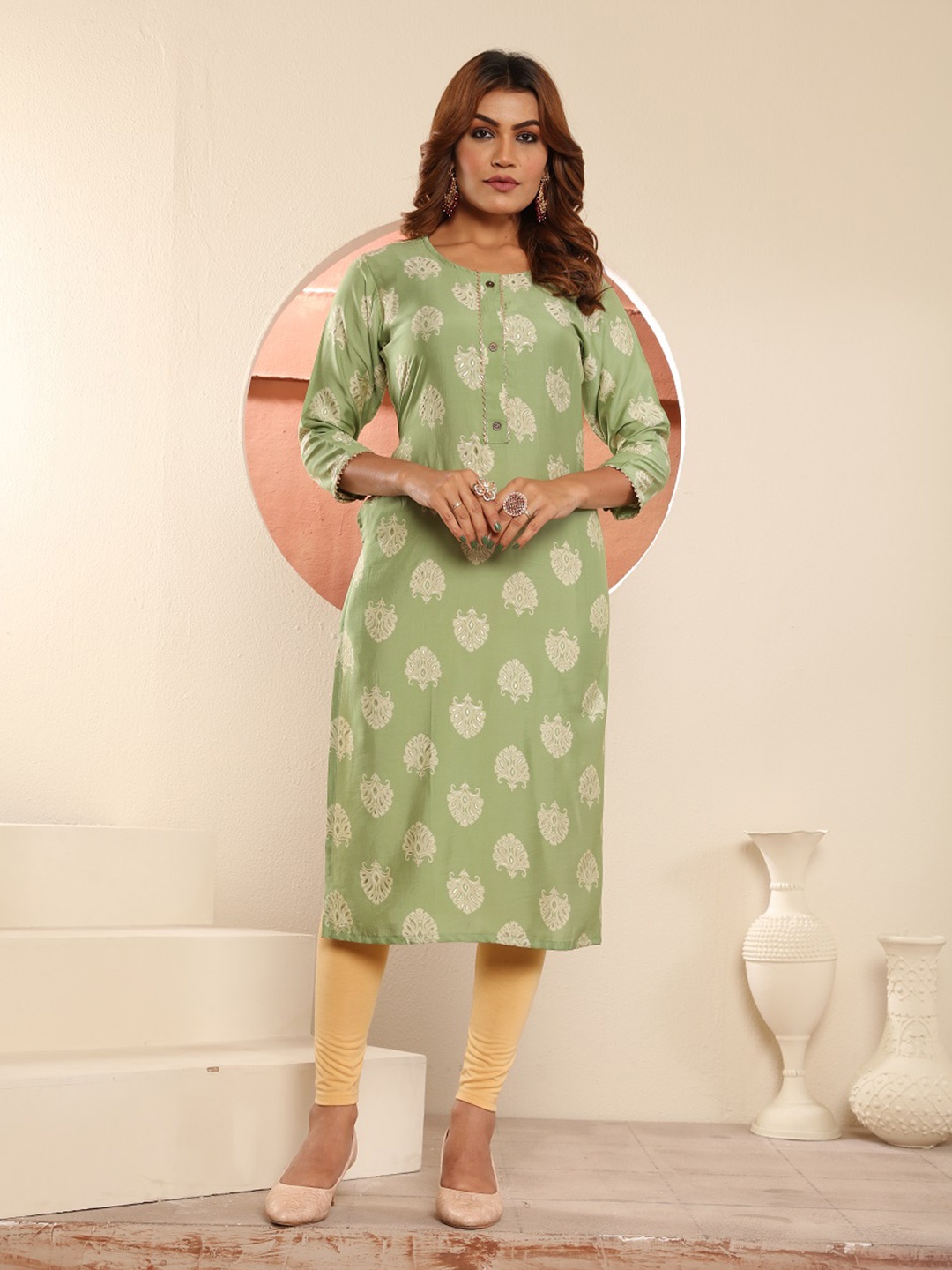 

S.K.C Round Neck Ethnic Motifs Printed Cotton Straight Kurta, Sea green
