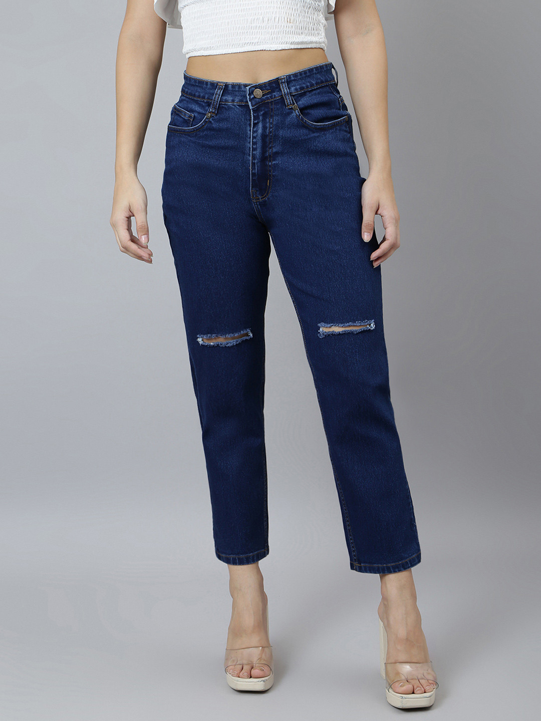 

Mast & Harbour Women High-Rise Slash Knee Slim Fit Stretchable Jeans, Blue