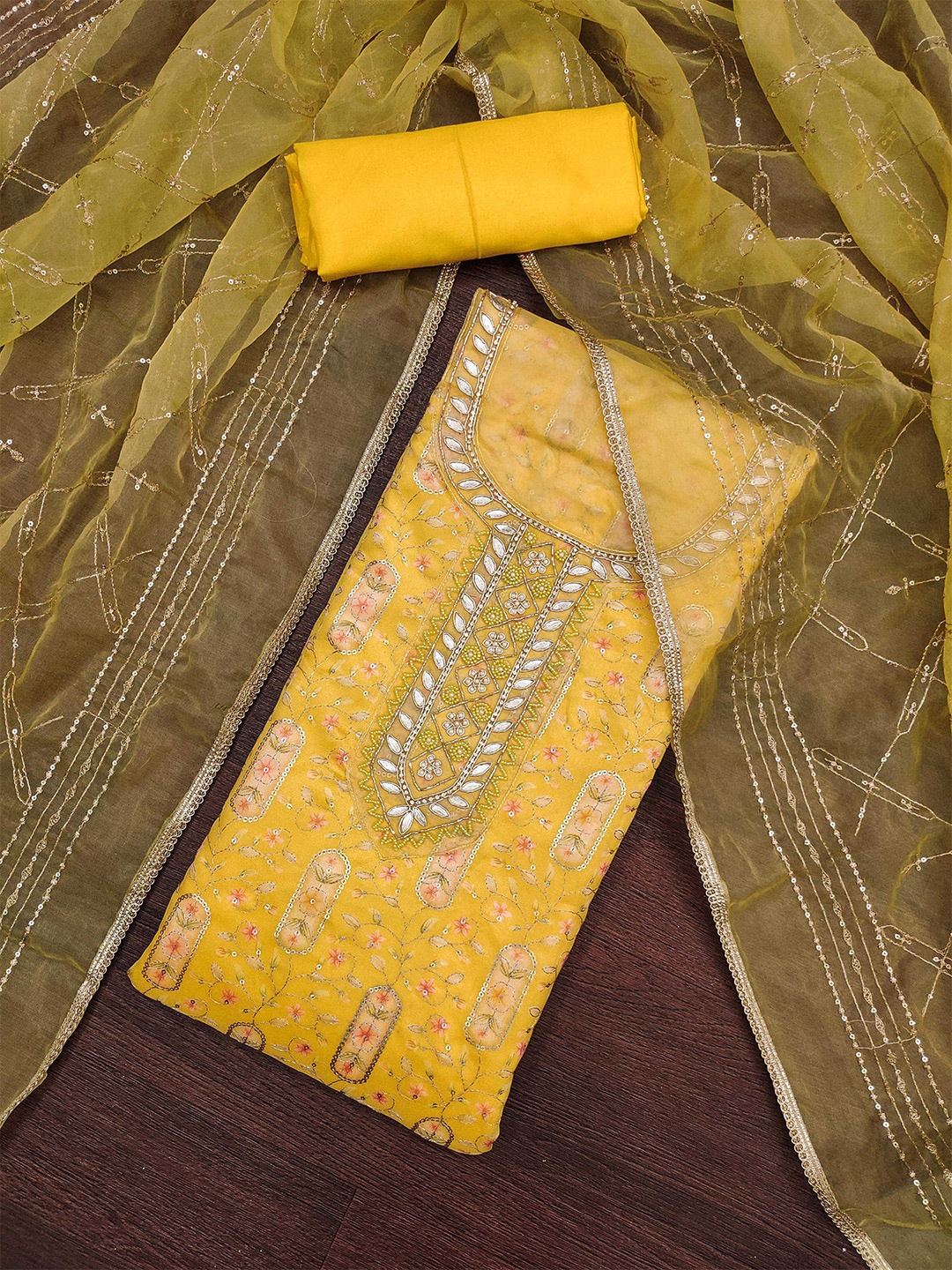 

SHADOW & SAINING Floral Printed Beaded Organza Semi-Stitched Dress Material, Yellow