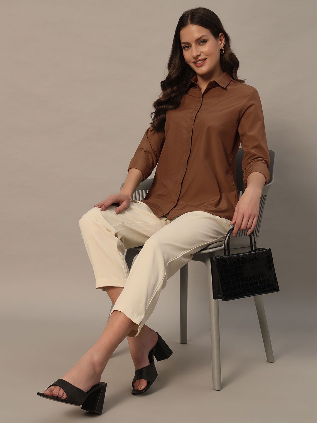 

Metronaut Women Spread Collar Solid Casual Shirt, Brown