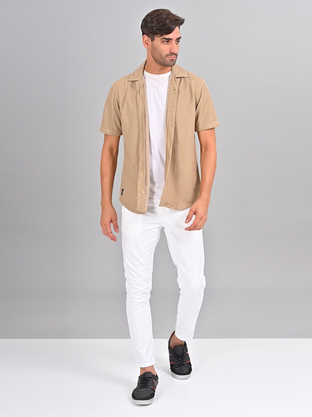 

STYLOFY Men Cuban Collar Textured Cotton Slim Fit Casual Shirts, Beige