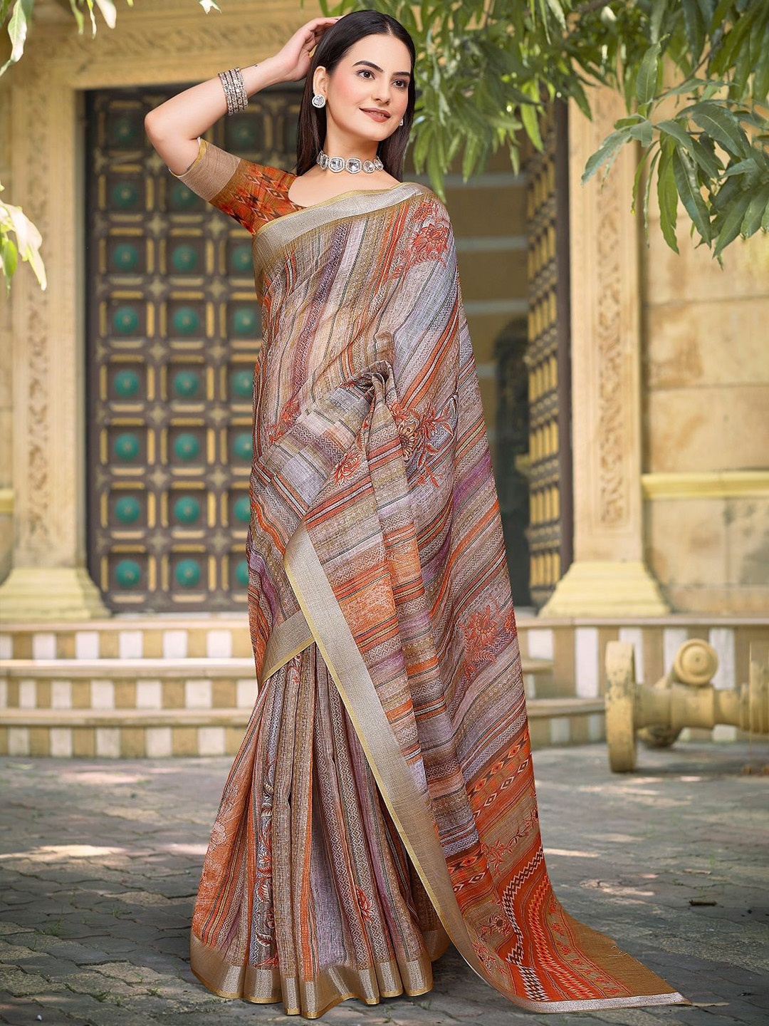 

Mitera Floral Printed Pure Cotton Saree, Multi