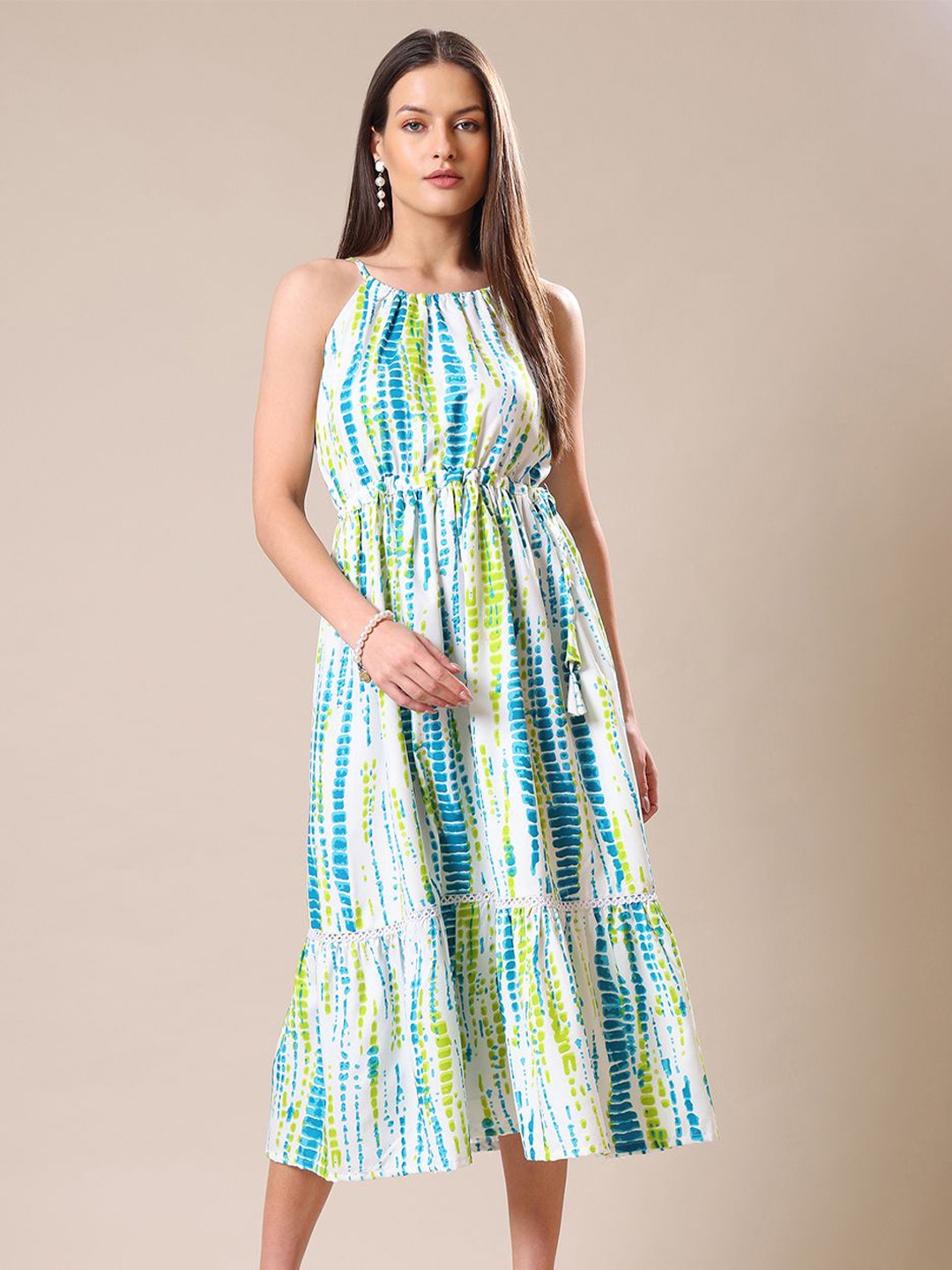 

Kinjo Tie & Dye Dyed Tie-Ups Fit & Flare Midi Dress, Turquoise blue