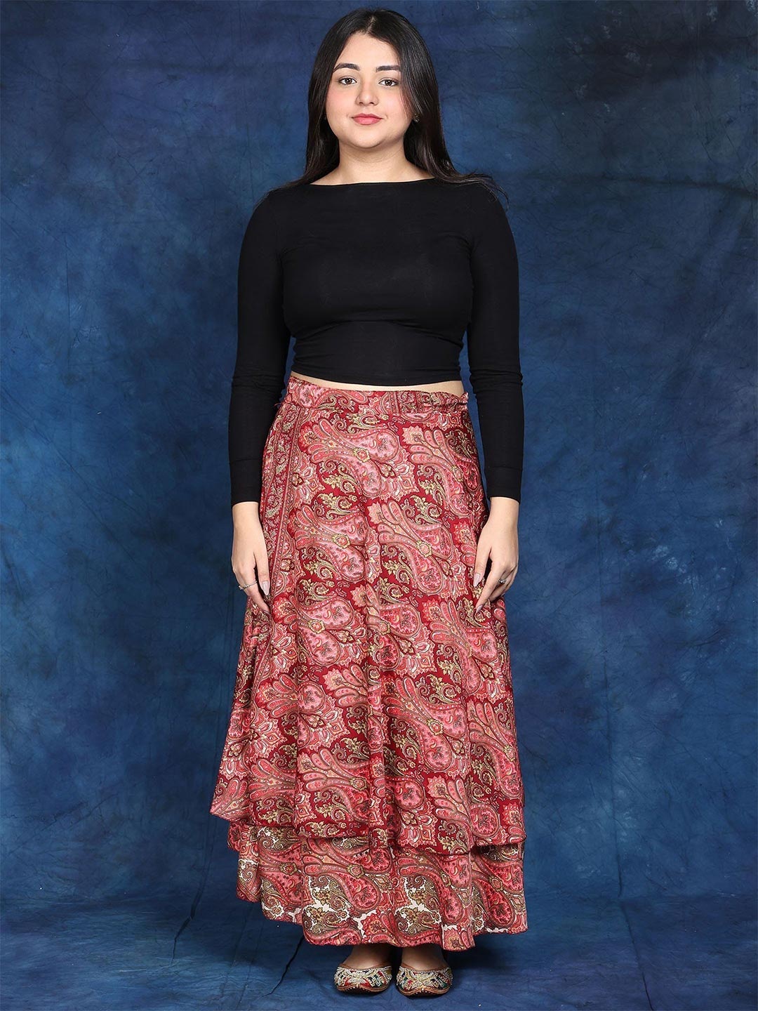

Exotic India Double Layer Wrap-Around Long Skirt with Floral Print, Red