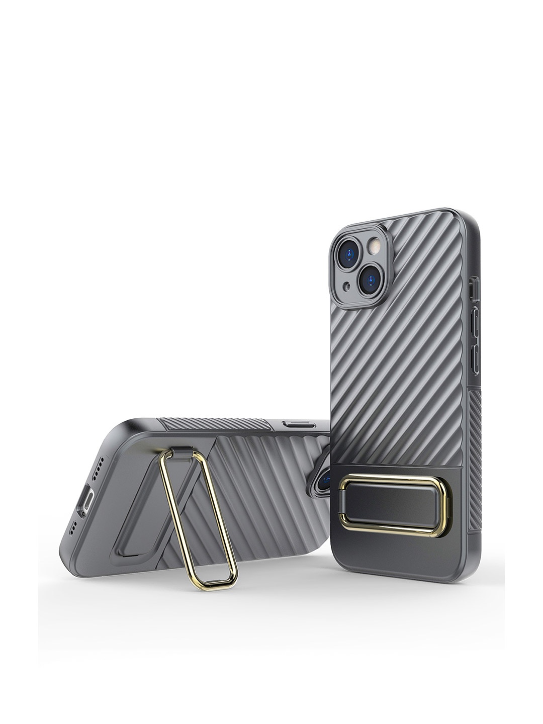 

QRIOH Solid iPhone 14 Plus Back Case with Gold Metal Kickstand, Grey