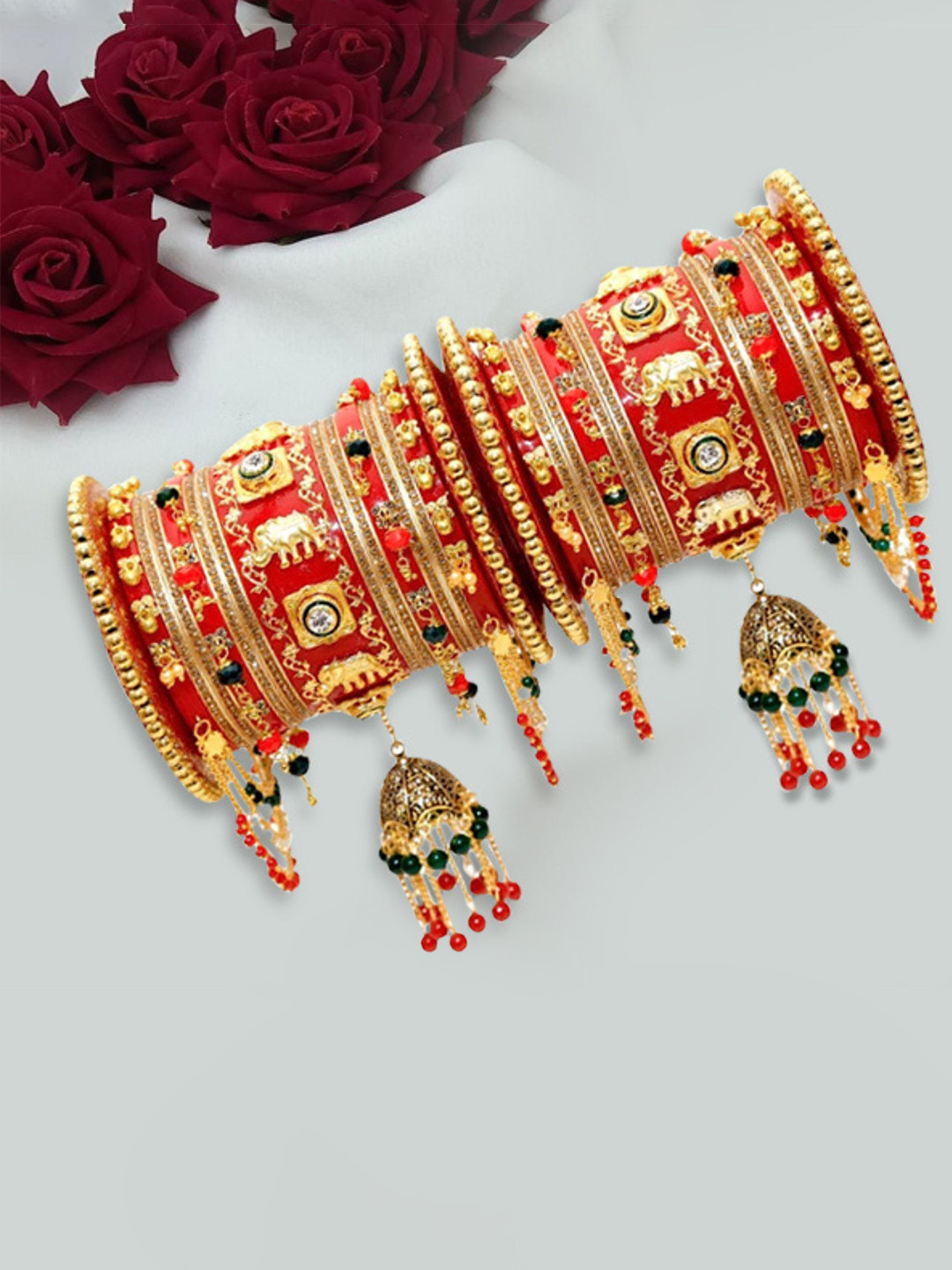 

Zindura Set Of 2 Gold-Plated Stone-Studded & Pearl Beaded Bangles