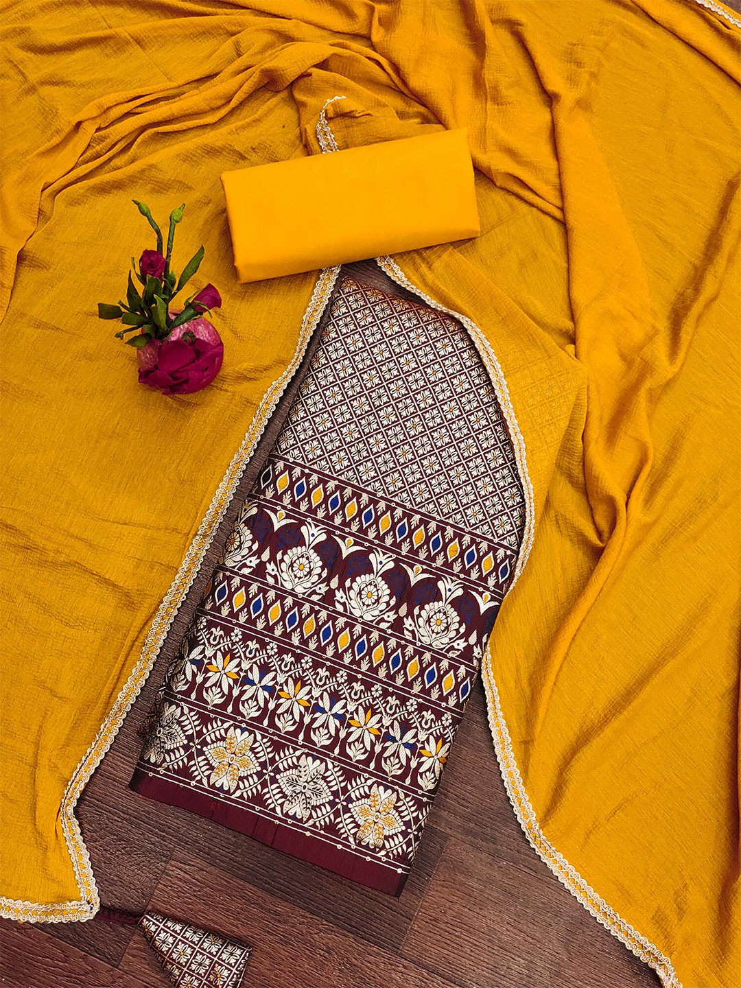 

Maroosh Floral Woven Design Banarasi Jacquard Unstitched Dress Material, Coffee brown