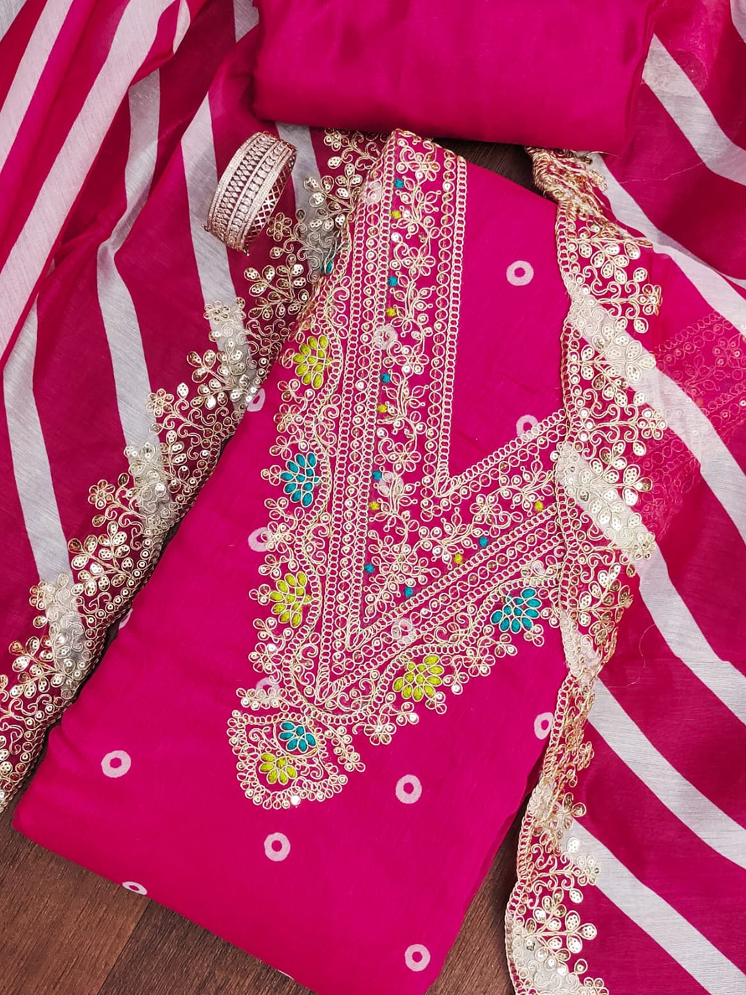 

BlissFlair Bandhani Printed Sequinned Chanderi Cotton Unstitched Dress Material, Pink