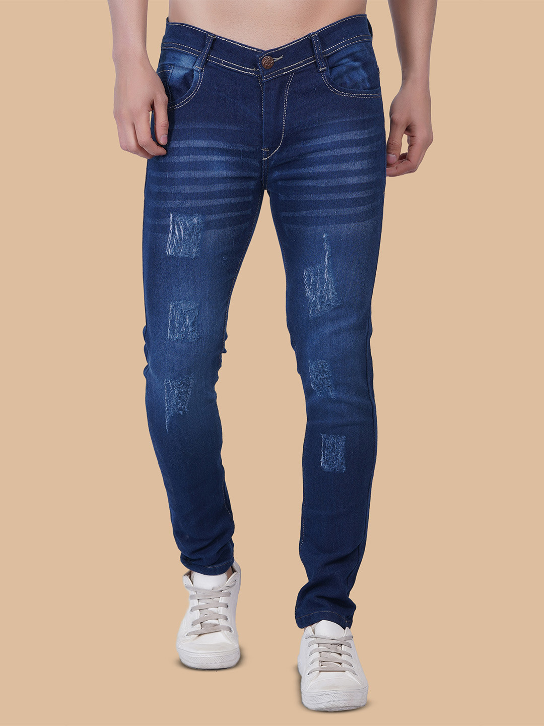 

COMFITS Men Regular Fit Mid-Rise Classic Mildly Distressed Heavy Fade Stretchable Jeans, Blue