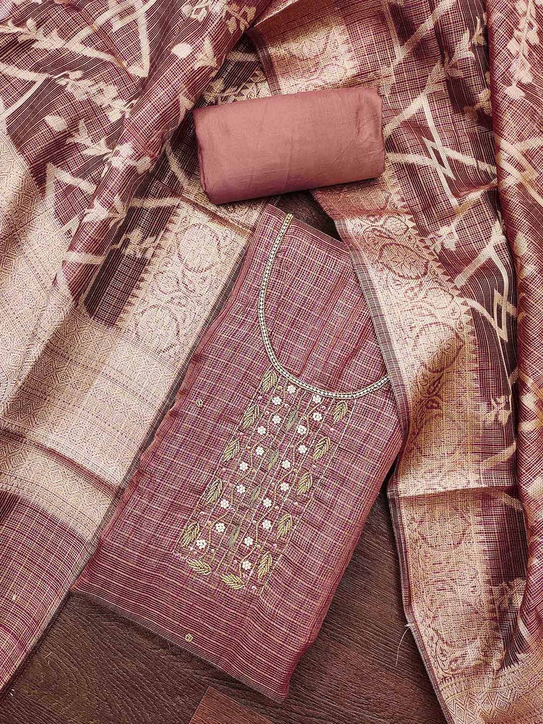 

SHADOW & SAINING Checked Woven Design Beads And Stones Organza Unstitched Dress Material, Lavender