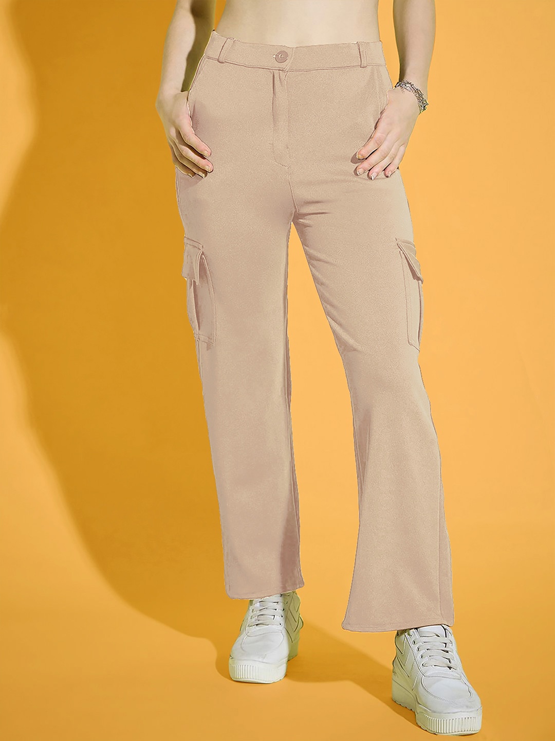 

Dream Beauty Fashion Women Loose Fit High-Rise Cargos Trousers, Beige