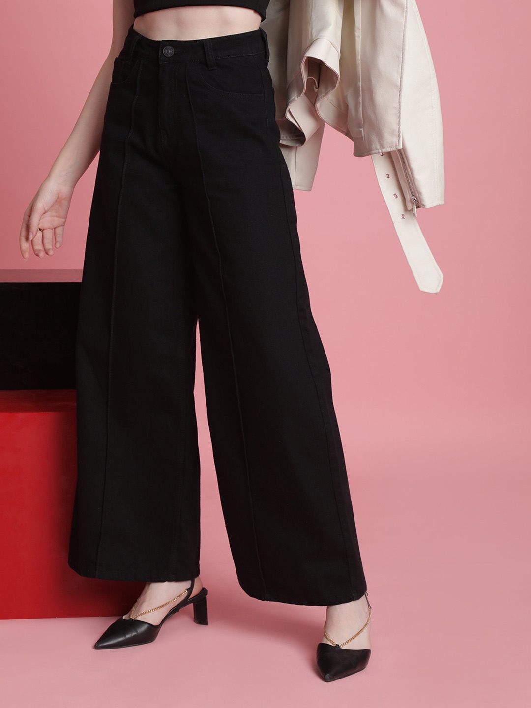 

Bene Kleed Women Cotton Wide Leg High-Rise Jeans, Black