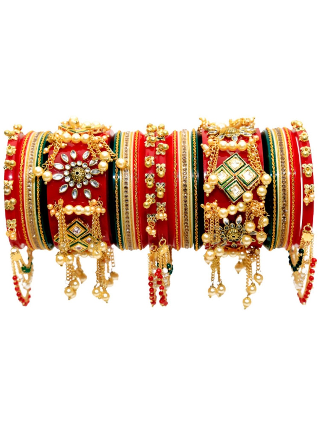 

Zindura Set Of 2 Gold-Plated Stones Studded & Pearl Beaded Chuda Bangles