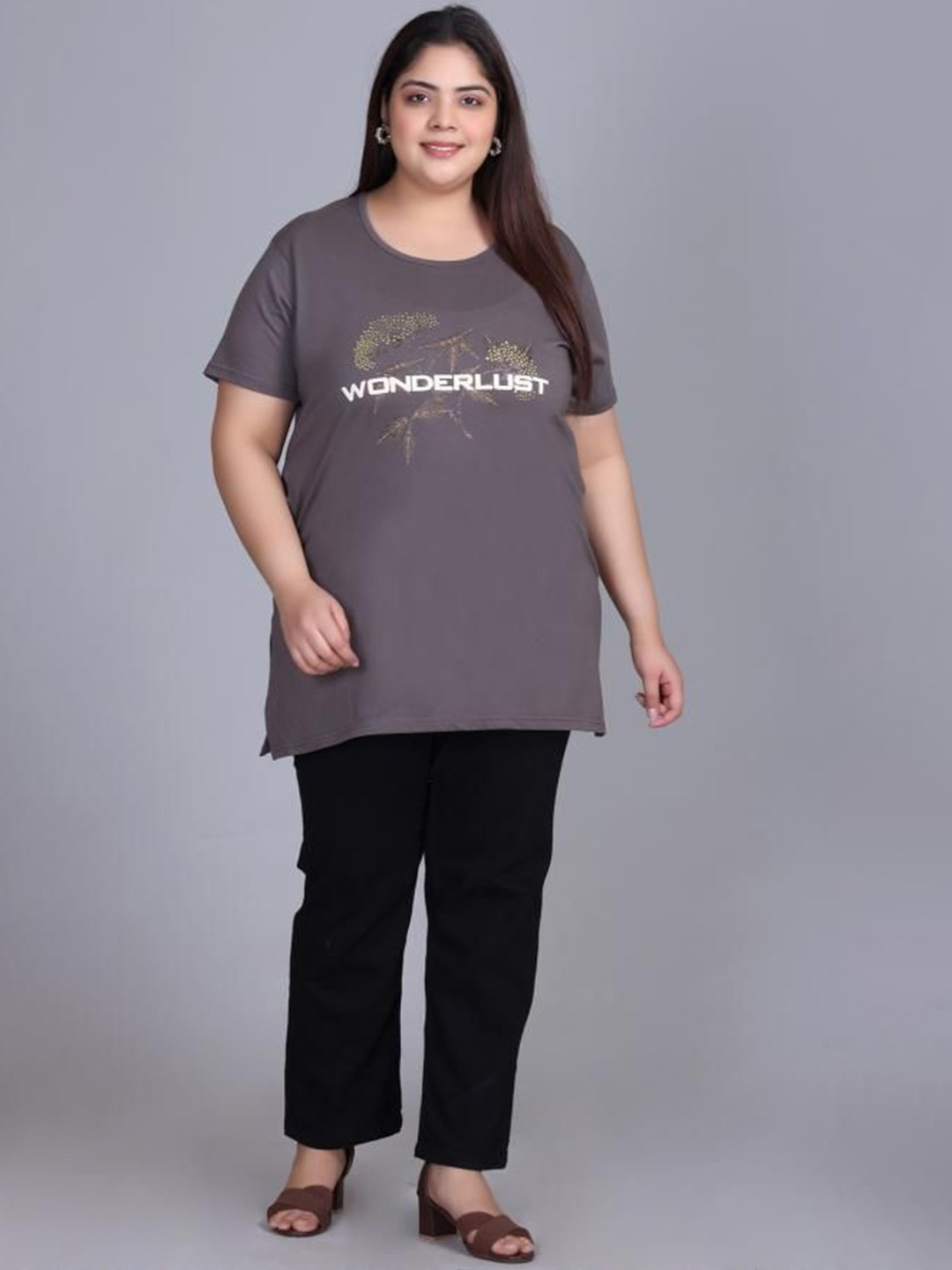 

IN Love Plus Size Graphic Printed Round Neck Short Sleeves Cotton T-Shirt, Grey