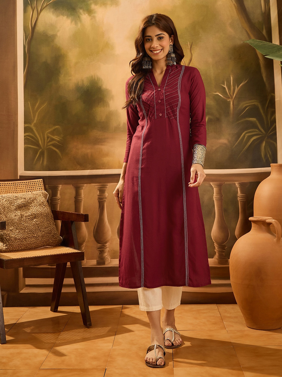 

Sangria Striped Embroidered Mandarin Collar Straight Kurta, Maroon