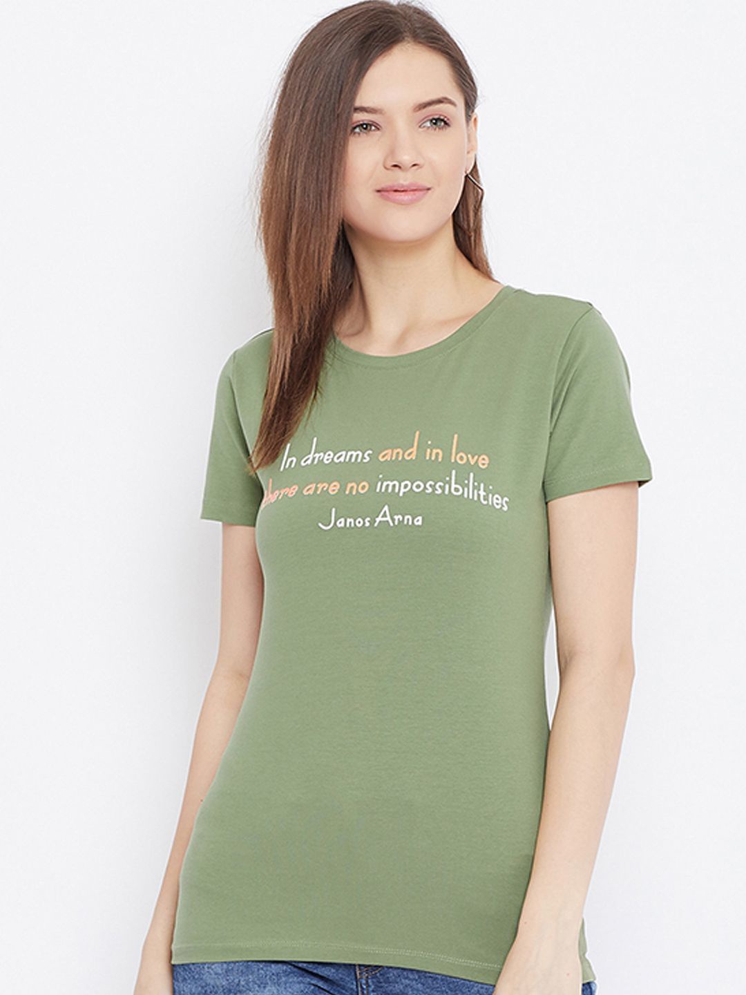 

Bishop Cotton Women Typography Printed Slim Fit T-shirt, Olive