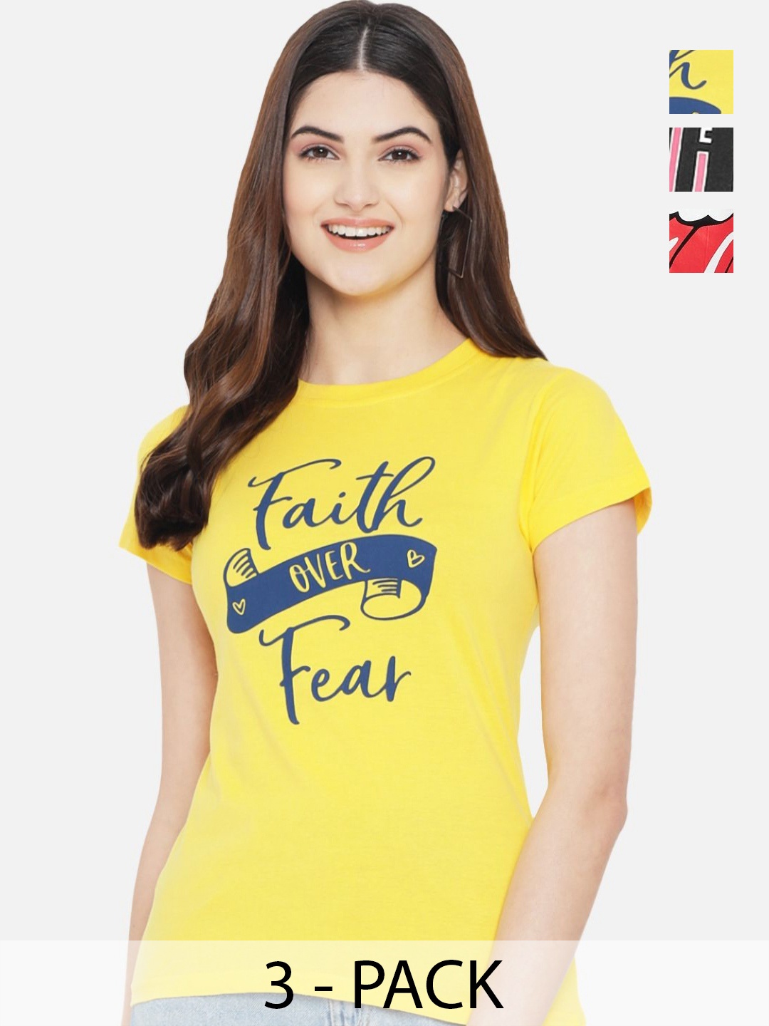 

Dreambe Women Pack of 3 Typography Printed Round Neck Cotton T-shirts, Yellow