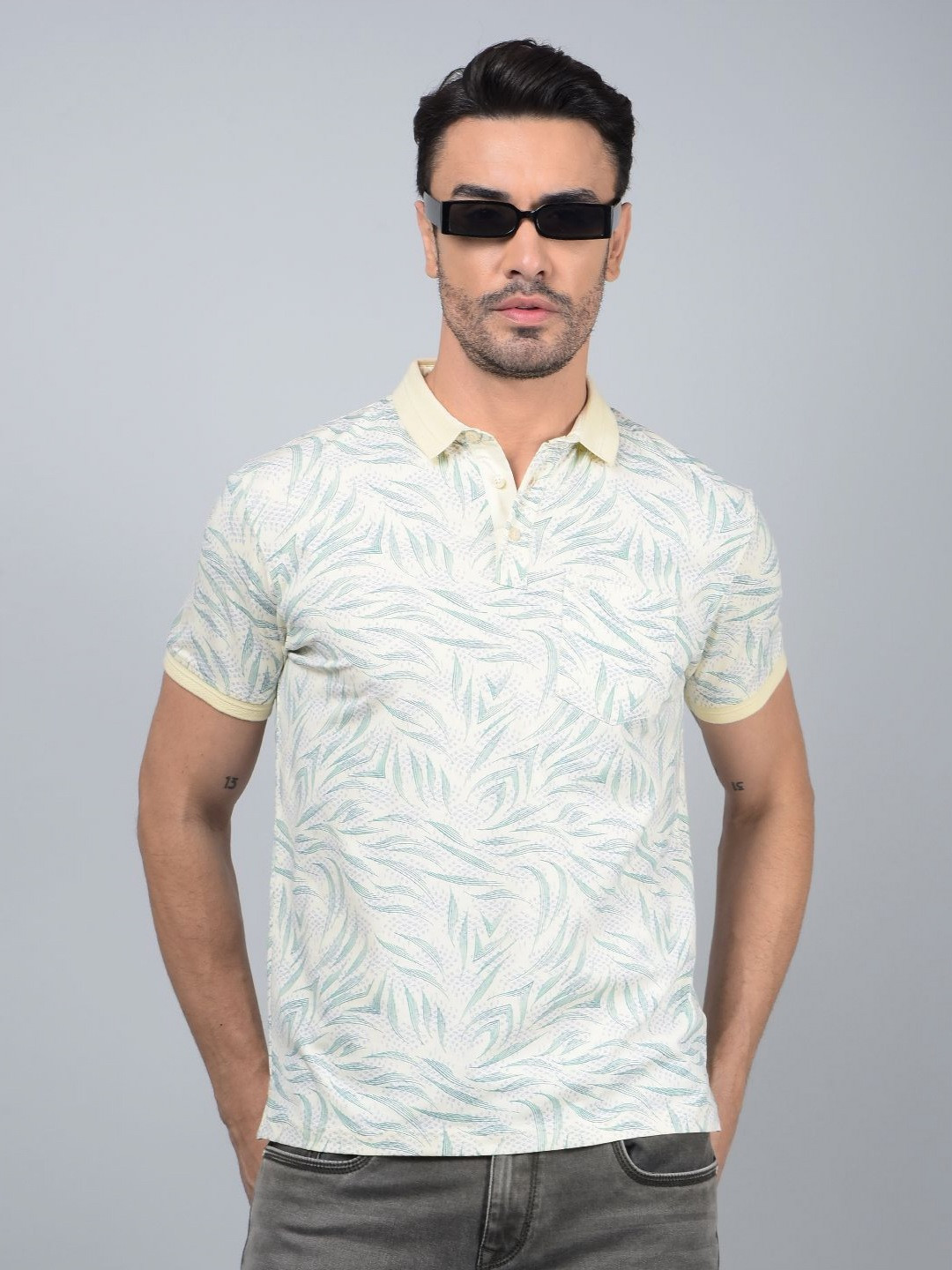 

Crimsoune Club Men Floral Printed Polo Collar Cotton Slim Fit T-shirt, Blue