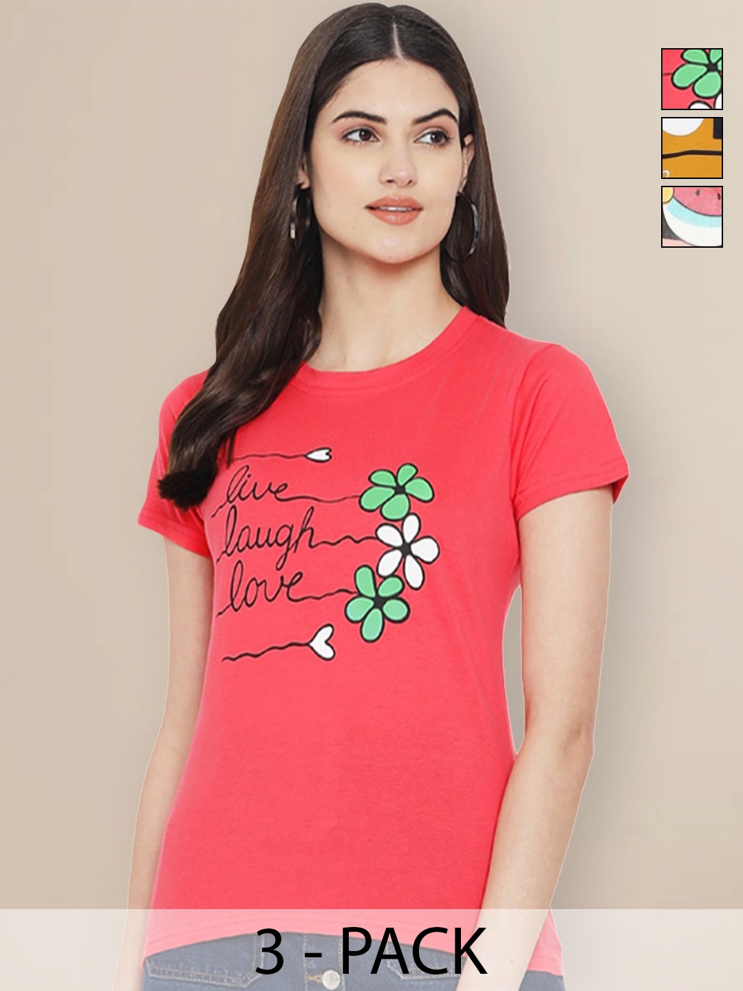 

Metronaut Women Pack of 3 Typography Printed Round Neck Cotton T-shirts, Pink