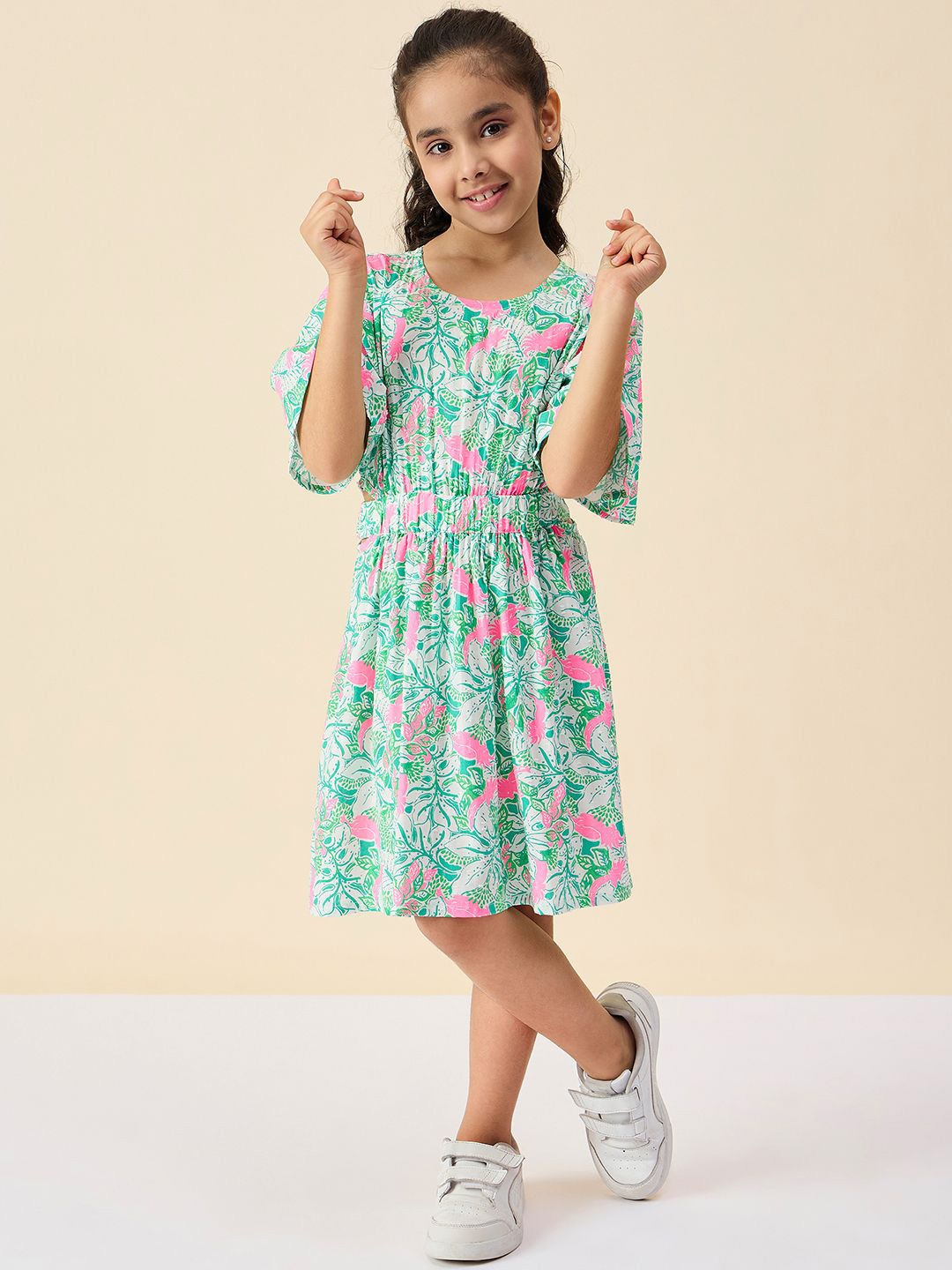 

StyloBug Girl Tropical Print Flared Sleeves Cut-Outs Fit & Flare Dress, Green