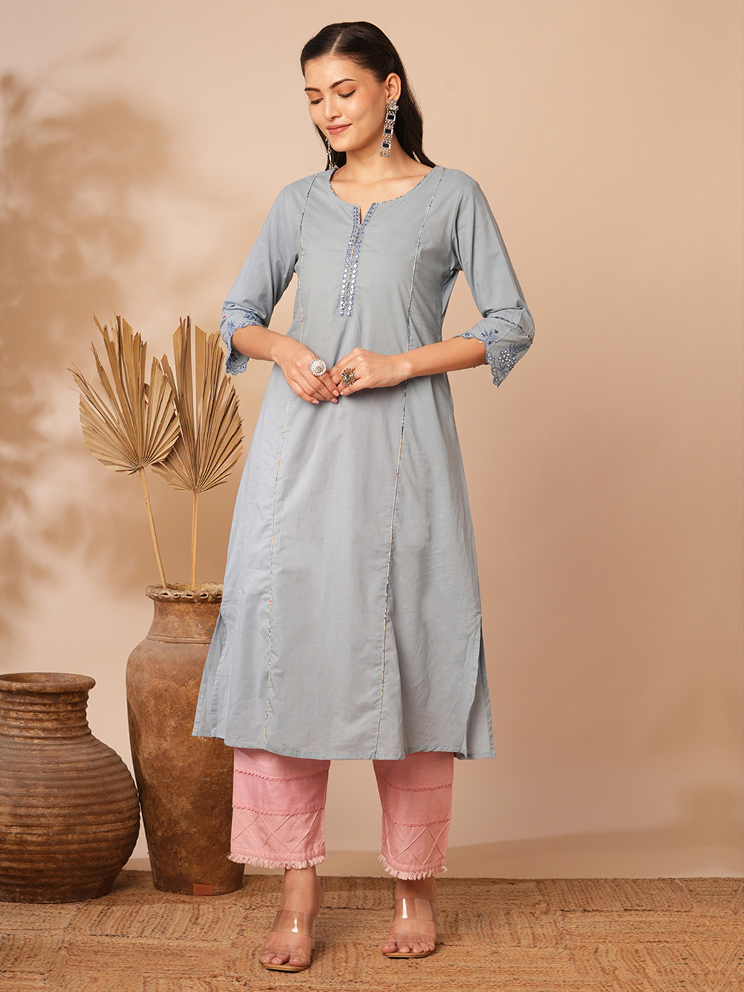 

FASHOR Notch-Neck Mirror Work Pure Cotton Straight Kurta, Grey