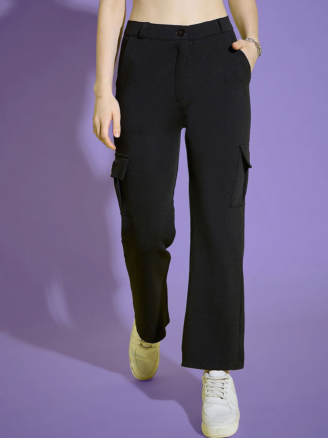 

Dream Beauty Fashion Women Loose Fit High-Rise Easy Wash Cargos Trousers, Black