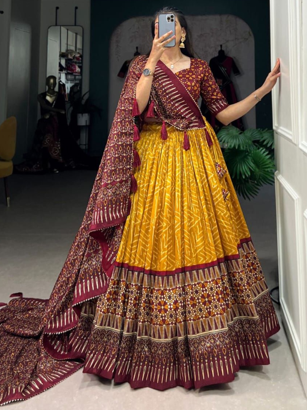 

RADHVI BIZ Printed Kalamkari Ready to Wear Lehenga & Semi-Stitched Blouse With Dupatta, Yellow