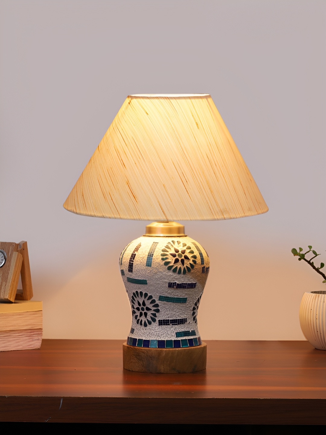 

Devansh Off White Frustum Shaped Wooden Table Lamp With Mosaic Glass Base