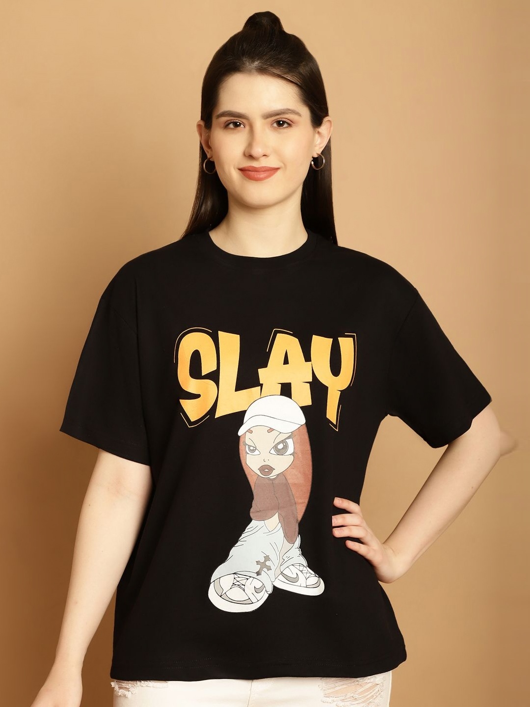 

Tromko Women Graphic Printed Round Neck Cotton Oversized T-shirt, Black