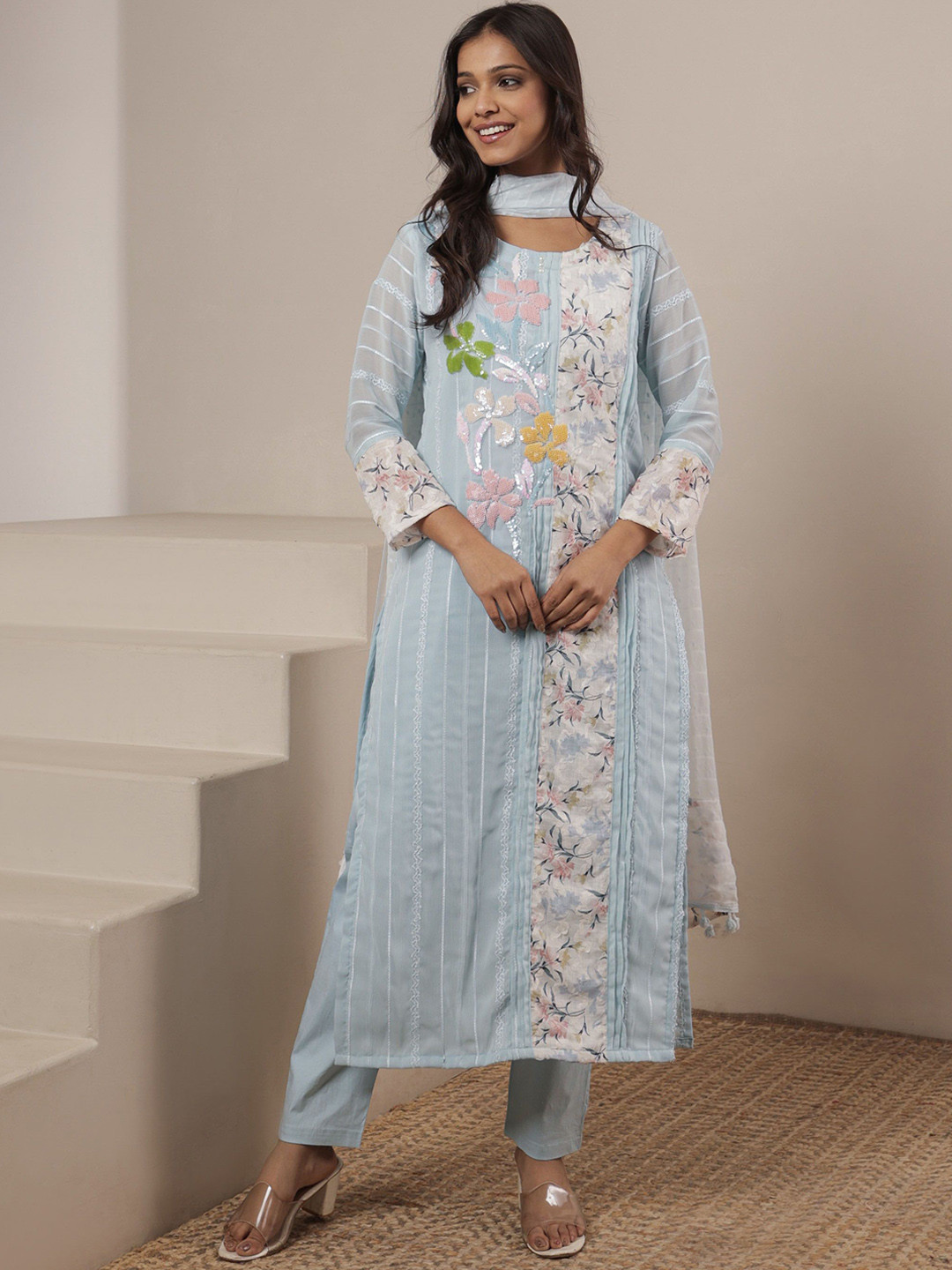 

SRIHA Floral Embroidered Sequinned Georgette Kurta With Trousers & Dupatta, Blue