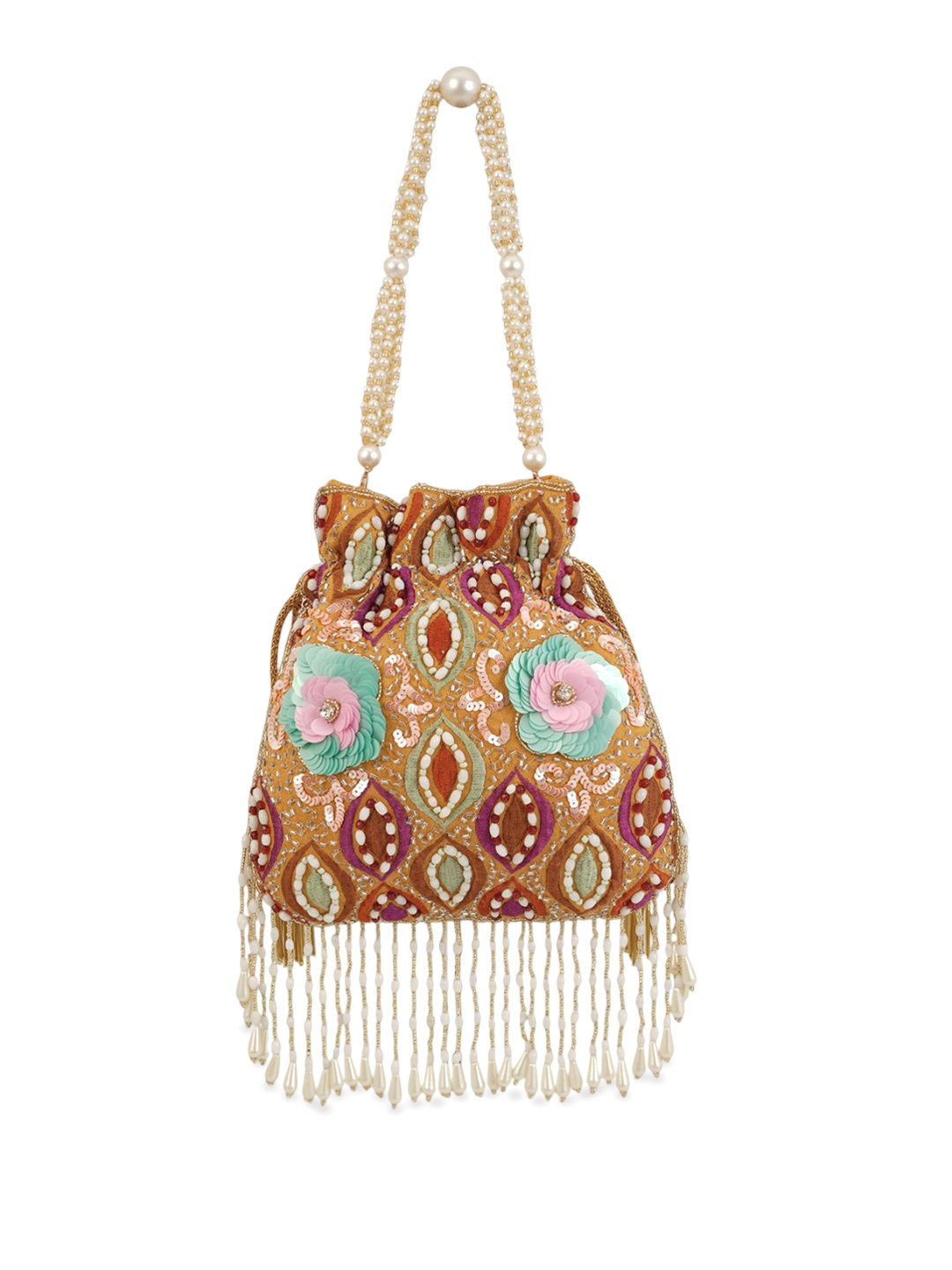 

QAIDA FASHION Floral Embroidered Embellished Potli Bag, Yellow