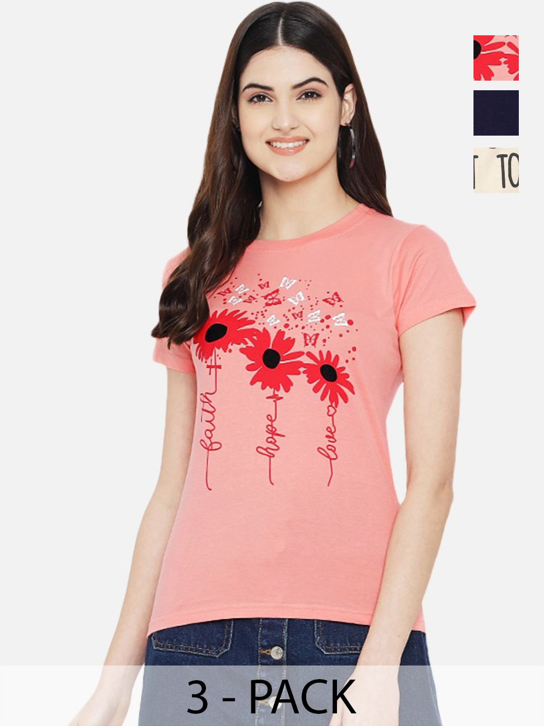 

Dreambe Pack Of 3 Typography Printed Round Neck Short Sleeves Cotton T-shirt, Pink