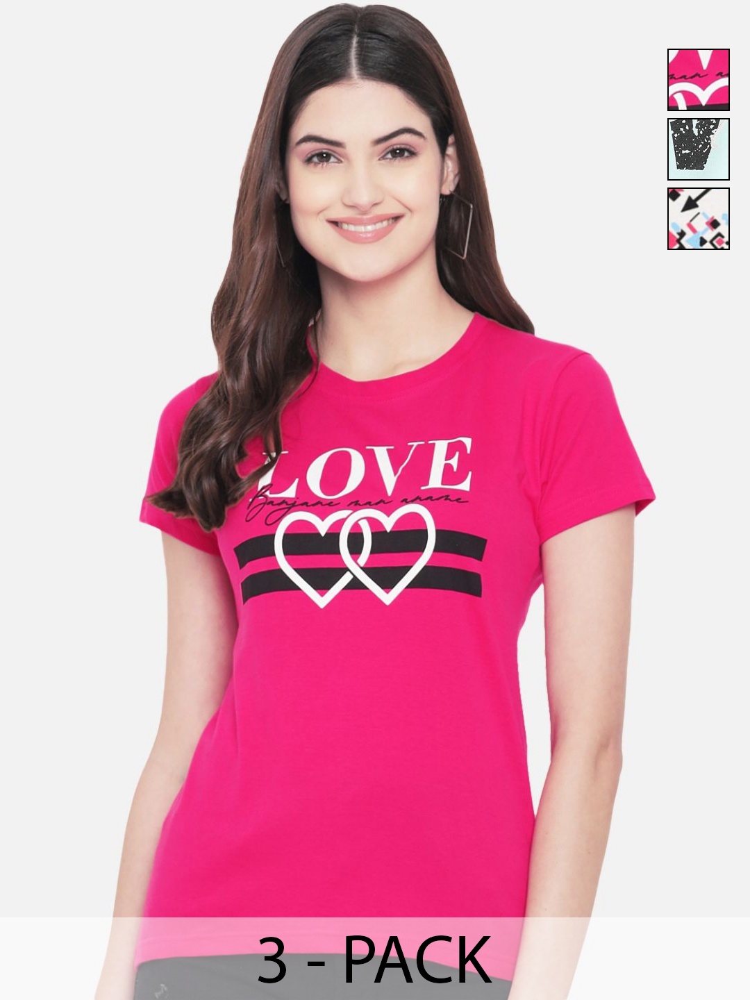 

Dreambe Pack Of 3 Typography Printed Round Neck Cotton T-shirt, Pink