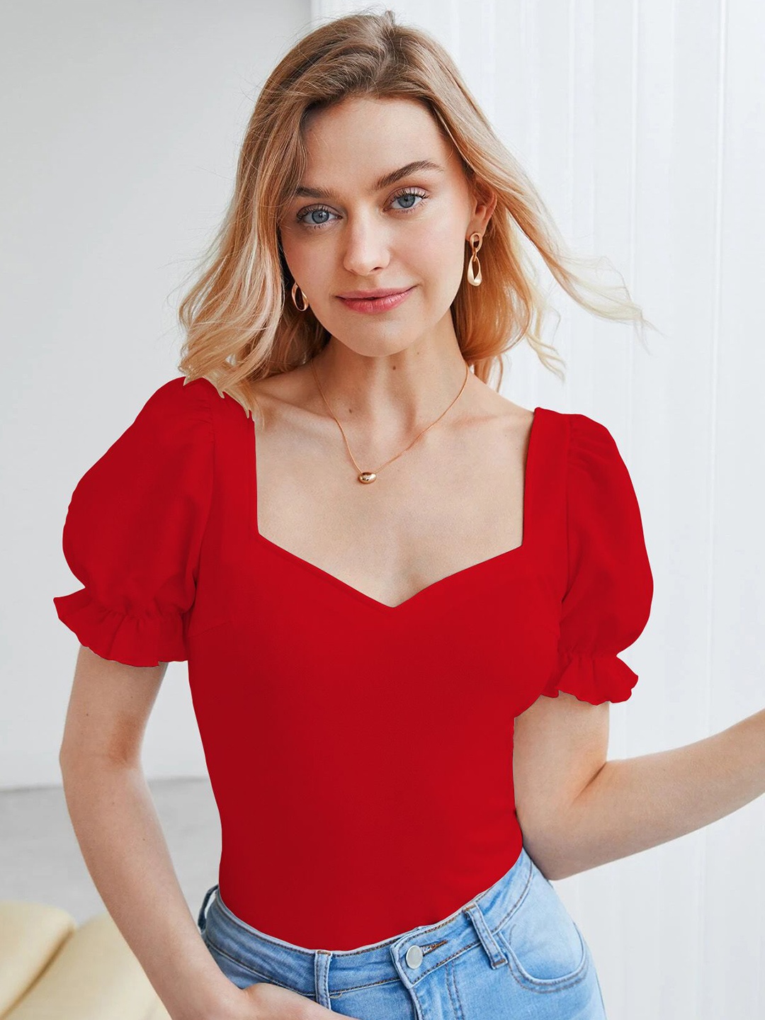 

Sugathari Women Sweetheart Neck Puff Sleeve Sheen Top, Red