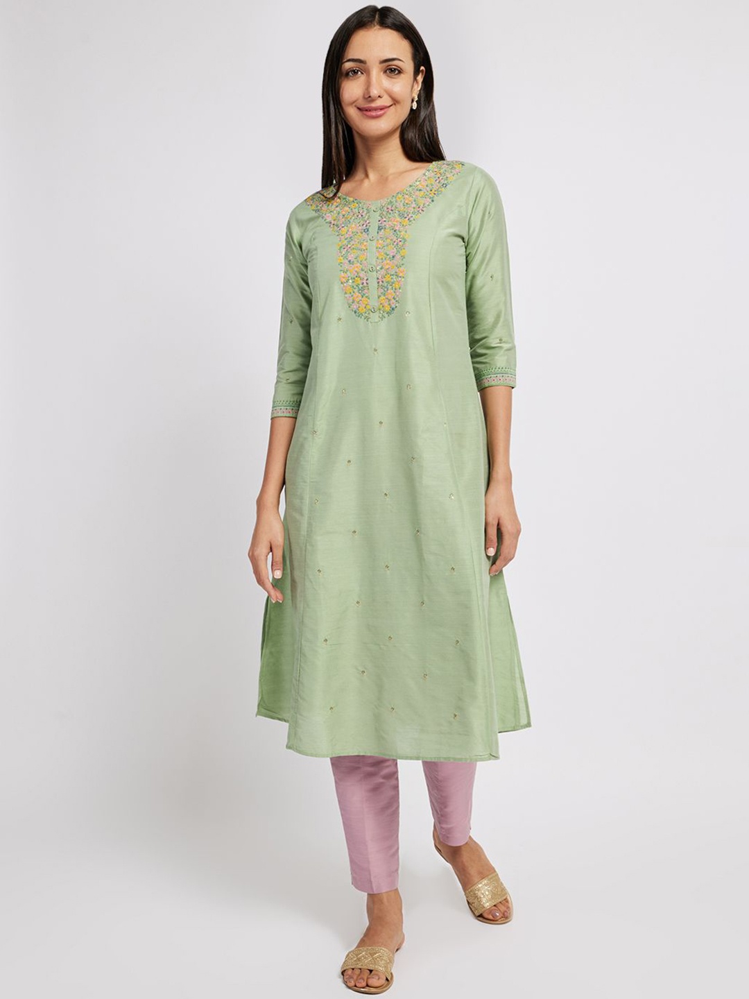 

Span A-line Printed Kurta, Green