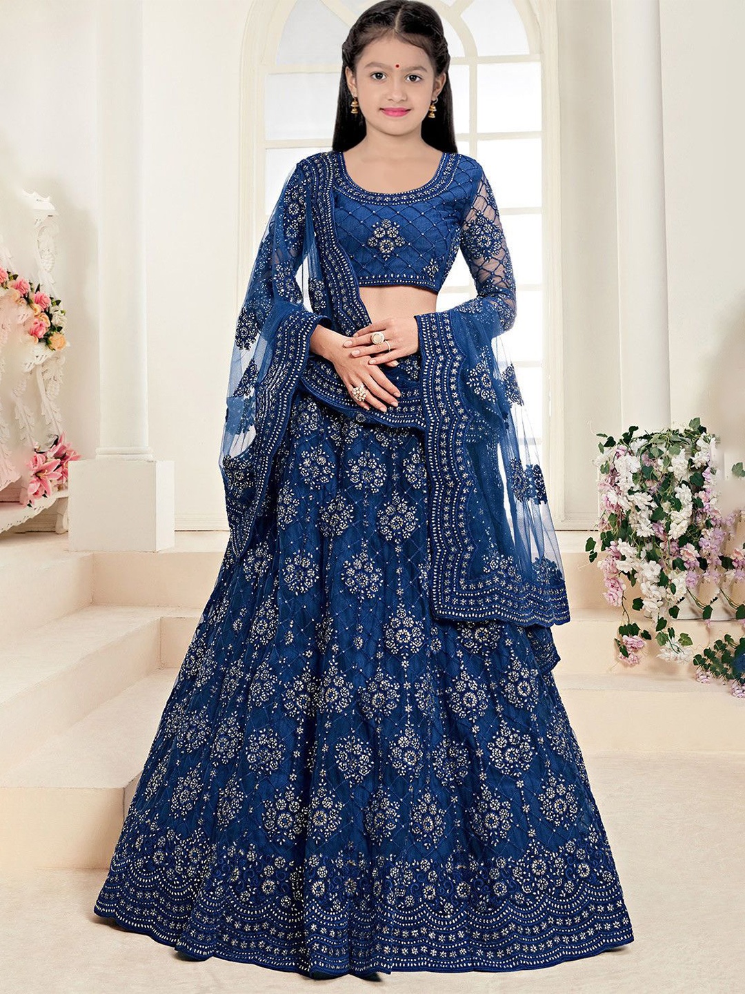 

BAESD Girls Embroidered Beaded Semi-Stitched Lehenga & Unstitched Blouse With Dupatta, Blue